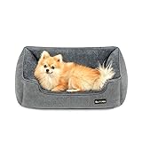 FEANDREA Hundebett, Hundekissen in Leinenoptik, Hundekorb, erhöhte Ränder, rutschfeste Unterseite, Bezug abnehmbar und waschbar, Größe M, für kleine Hunde, 70 x 55 x 21 cm, hellgrau PGW10GG