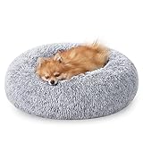 FEANDREA Hundebett flauschig, Katzenbett, Donut Kissen, waschbar, Polsterung in der Mitte herausnehmbar, Langer Plüsch, 60 cm Durchmesser, hellgrau PGW038G01