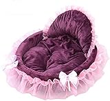 Prinzessin Bow-Haustier-Bett mit Decke und herzförmigen Kissen Short Plüsch Removable Kissen Winter-Warmer Katze und Hundebett,Lila,M